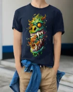 Psychedelic Monster Dragon Fiery Art Graphic T-shirt - model wearing navy shirt, hands in pockets