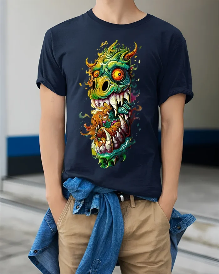 Psychedelic Monster Dragon Fiery Art Graphic T-shirt - model wearing navy shirt, hands in pockets
