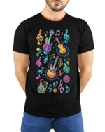 Colorful Neon Guitar Music Notes Graphic T-shirt - model wearing black shirt, hands behind back
