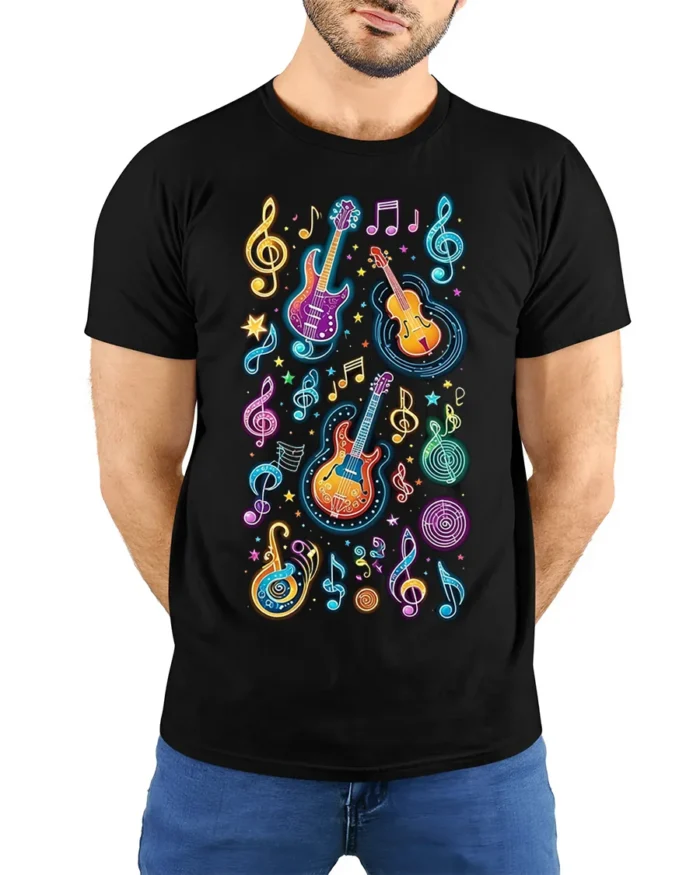 Colorful Neon Guitar Music Notes Graphic T-shirt - model wearing black shirt, hands behind back