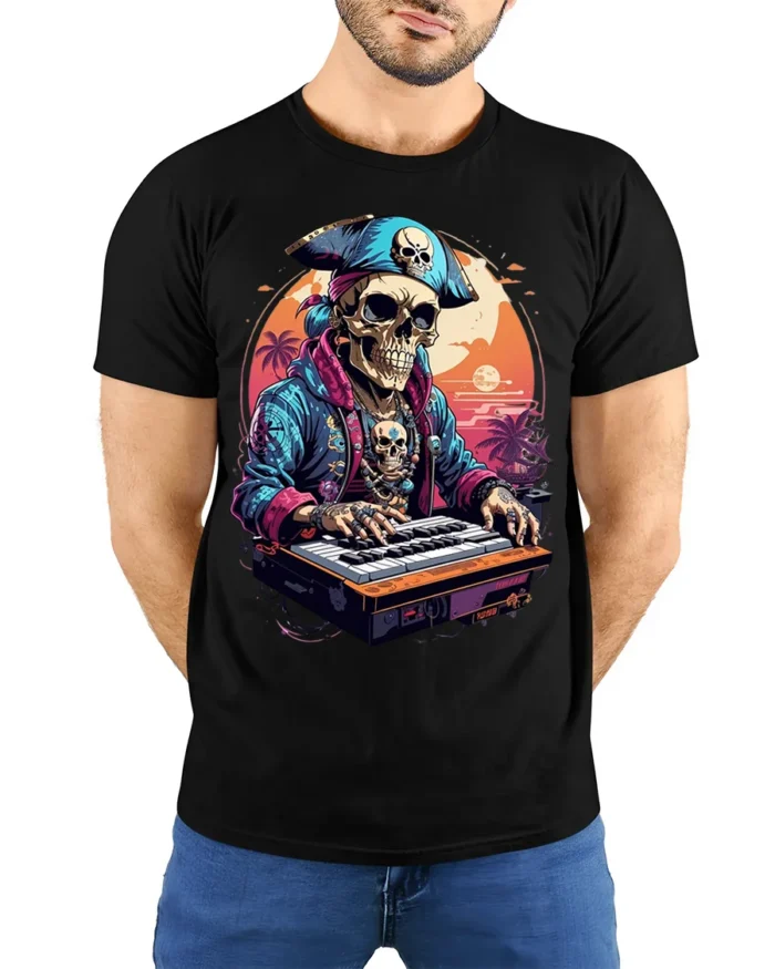 Pirate Skeleton DJ Keyboard Sunset Graphic T-shirt - model wearing black shirt, hands behind back