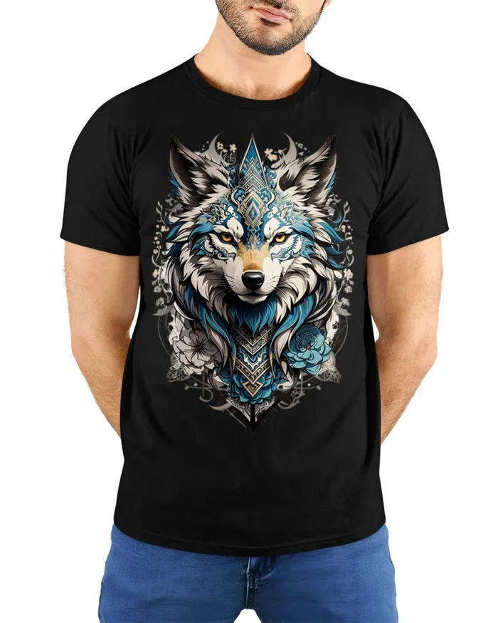 Tribal Blue Wolf Head Floral Spirit Graphic T-shirt - model wearing black shirt, hands behind back