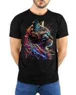 Neon Cat Headphones Music Lover Graphic T-shirt - model wearing black shirt, hands behind back