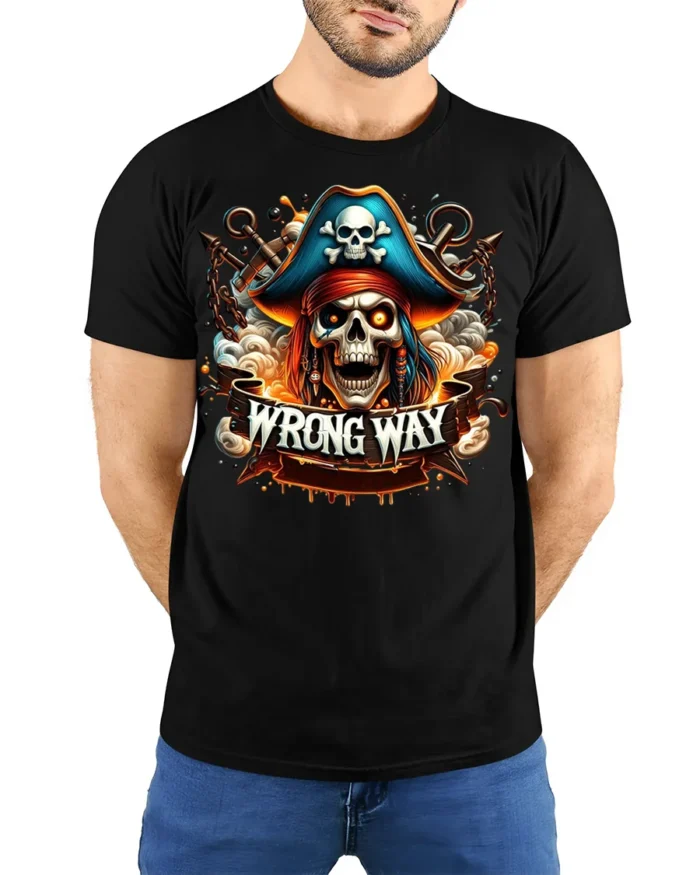 Pirate Skull Wrong Way Fiery Chains Graphic T-shirt - model wearing black shirt, hands behind back