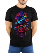 Colorful Steampunk Gears Mechanical Art T-shirt - model wearing black shirt, hands behind back