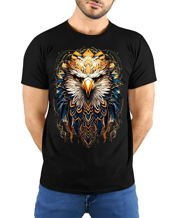 Fierce Eagle Head Tribal Feathers Art T-shirt - model wearing black shirt, hands behind back