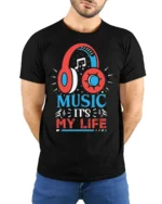 Music It’s My Life Headphones Graphic T-shirt - model wearing black shirt, hands behind back