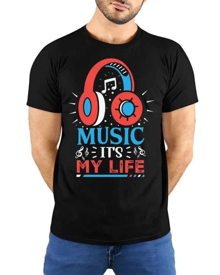 Music It’s My Life Headphones Graphic T-shirt - model wearing black shirt, hands behind back