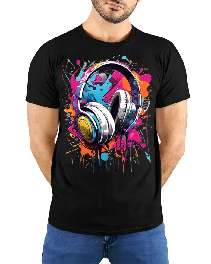 Colorful Headphones Music Splash Graphic T-shirt - model wearing black shirt, hands behind back