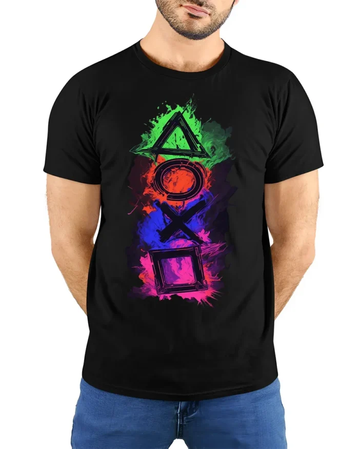 Colorful Gamer Controller Symbols Graphic T-shirt - model wearing black shirt, hands behind back