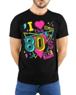 Retro I Love The 80s Neon Cassette Graphic T-shirt - model wearing black shirt, hands behind back