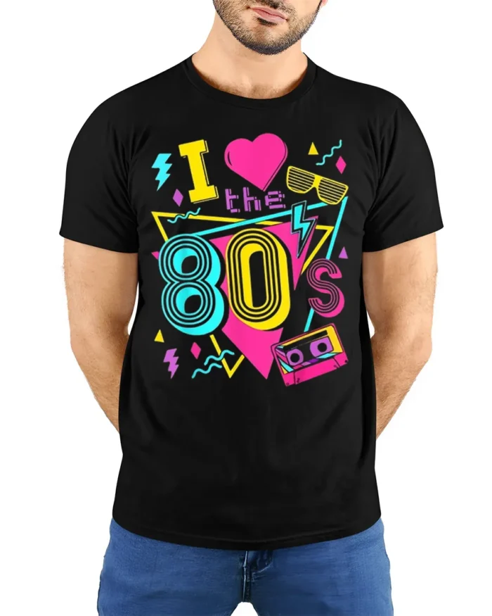 Retro I Love The 80s Neon Cassette Graphic T-shirt - model wearing black shirt, hands behind back