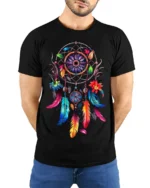 Colorful Dreamcatcher Feathers Floral Graphic T-shirt - model wearing black shirt, hands behind back