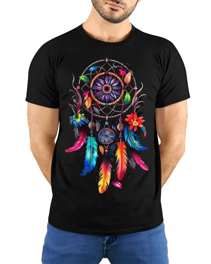 Colorful Dreamcatcher Feathers Floral Graphic T-shirt - model wearing black shirt, hands behind back
