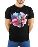 Statue of Liberty American Flag Patriotic T-shirt - model wearing black shirt, hands behind back