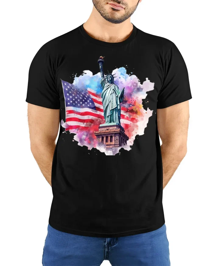 Statue of Liberty American Flag Patriotic T-shirt - model wearing black shirt, hands behind back