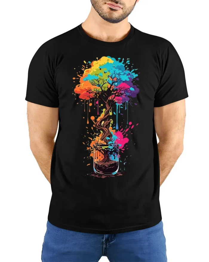 Colorful Coffee Cup Tree Splash Art Graphic T-shirt - model wearing black shirt, hands behind back