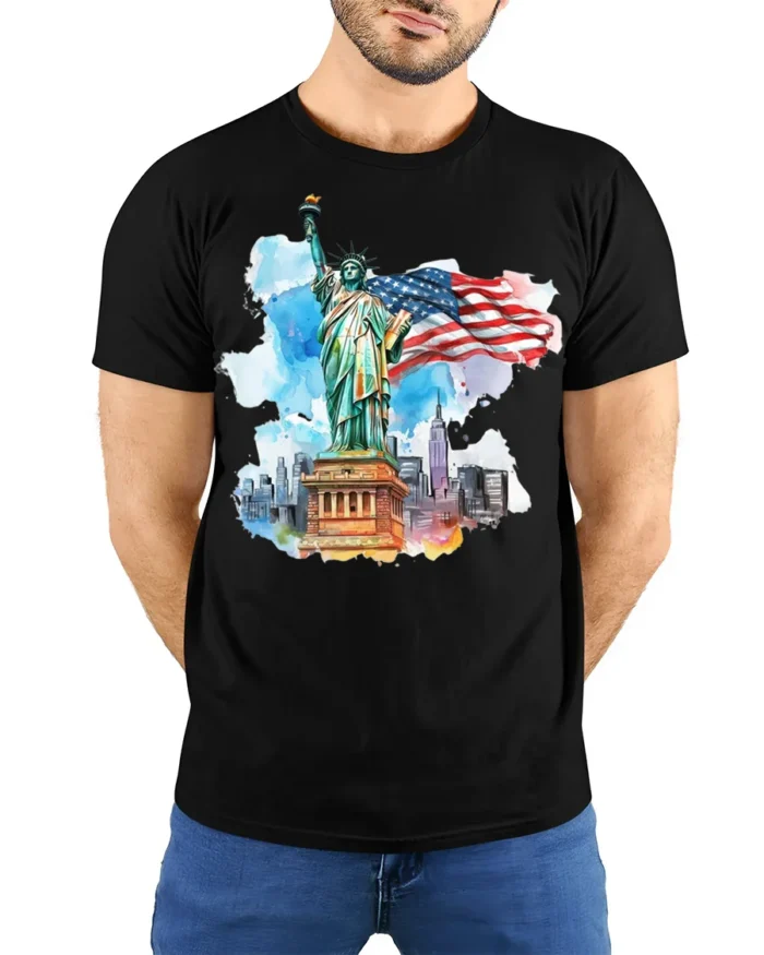 Statue of Liberty NYC Skyline American Flag T-shirt - model wearing black shirt, hands behind back