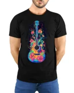Colorful Guitar with Roses Artistic Music T-shirt - model wearing black shirt, hands behind back