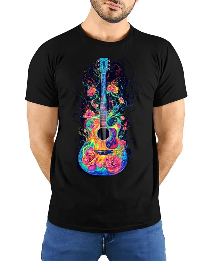 Colorful Guitar with Roses Artistic Music T-shirt - model wearing black shirt, hands behind back