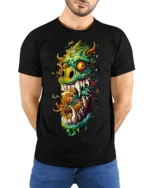 Psychedelic Monster Dragon Fiery Art Graphic T-shirt - model wearing black shirt, hands behind back