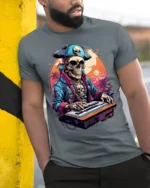 Pirate Skeleton DJ Keyboard Sunset Graphic T-shirt - model in grey shirt leaning against column