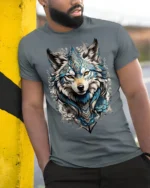 Tribal Blue Wolf Head Floral Spirit Graphic T-shirt - model in grey shirt leaning against column