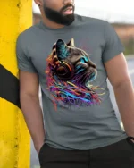 Neon Cat Headphones Music Lover Graphic T-shirt - model in grey shirt leaning against column