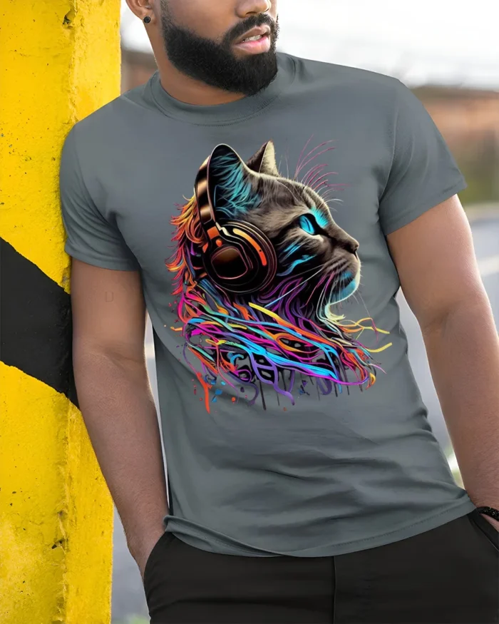 Neon Cat Headphones Music Lover Graphic T-shirt - model in grey shirt leaning against column