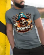 Pirate Skull Wrong Way Fiery Chains Graphic T-shirt - model in grey shirt leaning against column
