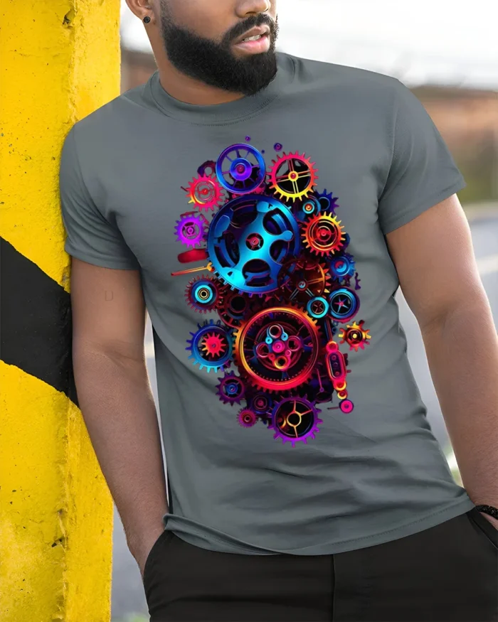 Colorful Steampunk Gears Mechanical Art T-shirt - model in grey shirt leaning against column