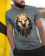 Fierce Eagle Head Tribal Feathers Art T-shirt - model in grey shirt leaning against column