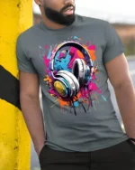Colorful Headphones Music Splash Graphic T-shirt - model in grey shirt leaning against column