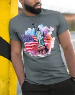 Statue of Liberty American Flag Patriotic T-shirt - model in grey shirt leaning against column