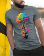 Colorful Coffee Cup Tree Splash Art Graphic T-shirt - model in grey shirt leaning against column
