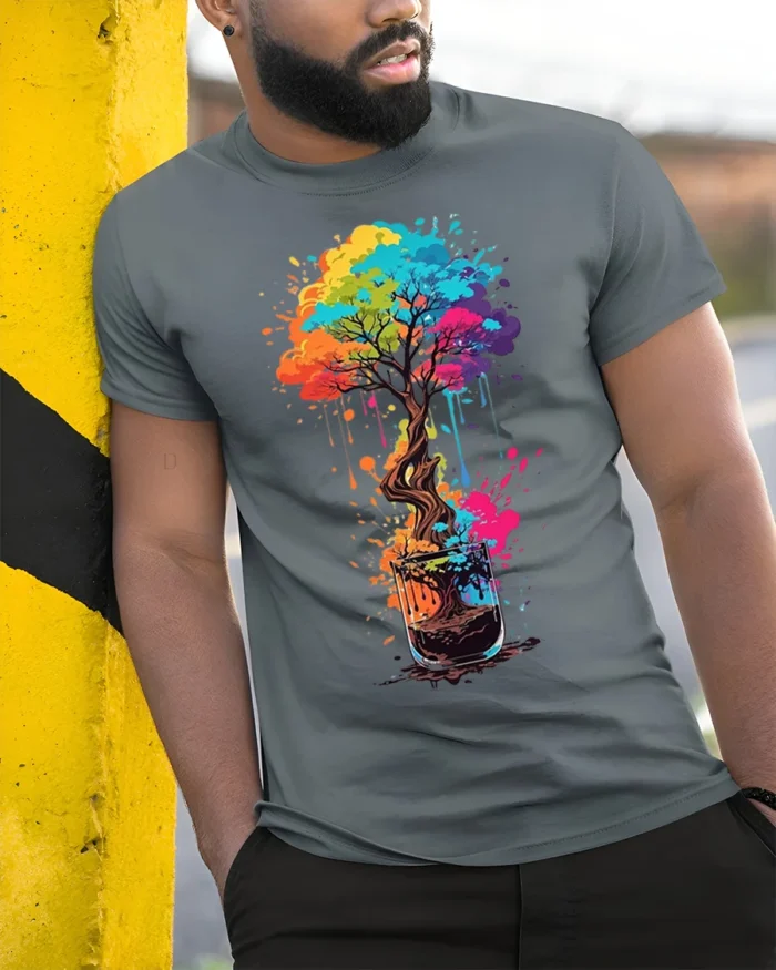 Colorful Coffee Cup Tree Splash Art Graphic T-shirt - model in grey shirt leaning against column