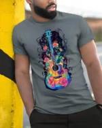 Colorful Guitar with Roses Artistic Music T-shirt - model in grey shirt leaning against column