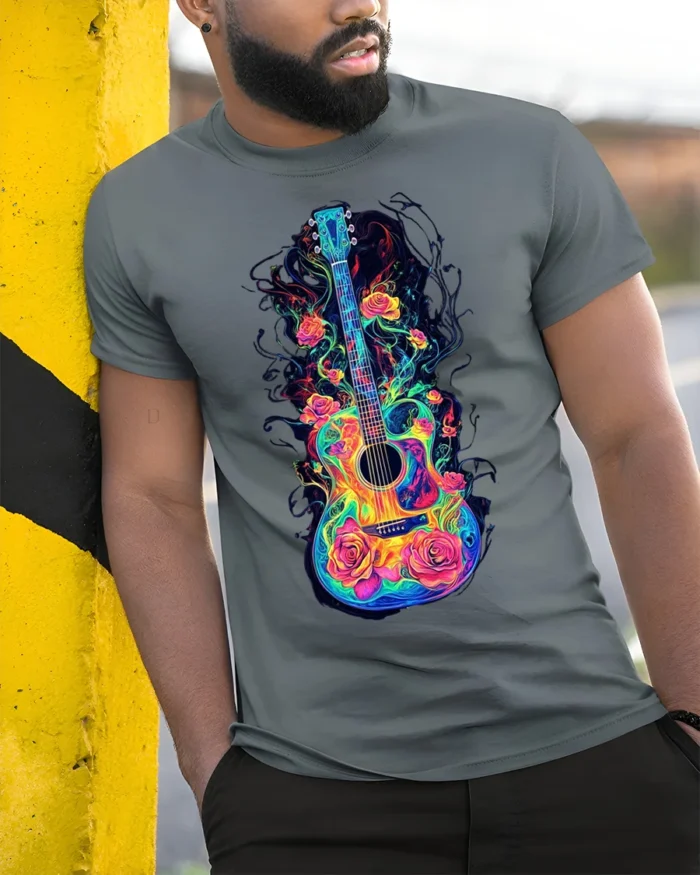 Colorful Guitar with Roses Artistic Music T-shirt - model in grey shirt leaning against column