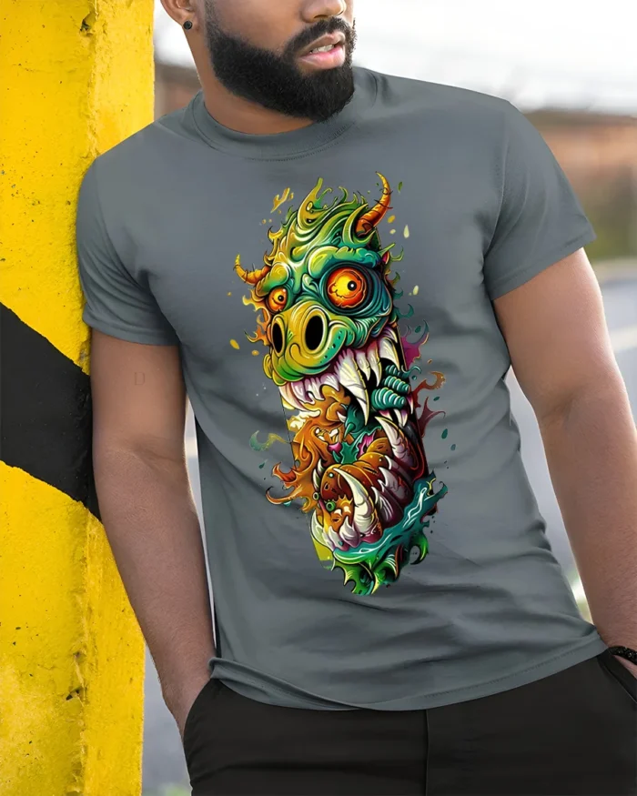 Psychedelic Monster Dragon Fiery Art Graphic T-shirt - model in grey shirt leaning against column