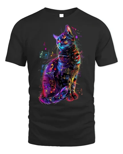 Colorful Music Cat Graphic Art Print T-Shirt - black t-shirt on white background