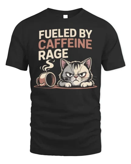 Fueled by Caffeine Rage Funny Cat T-Shirt - black t-shirt on white background