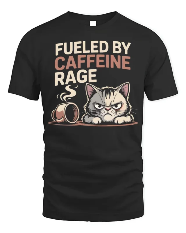Fueled by Caffeine Rage Funny Cat T-Shirt - black t-shirt on white background