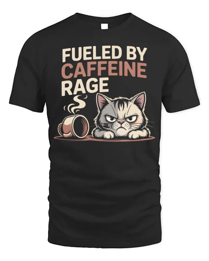 Fueled by Caffeine Rage Funny Cat T-Shirt - black t-shirt on white background