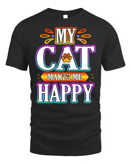 My Cat Makes Me Happy Colorful Graphic T-Shirt - black t-shirt on white background