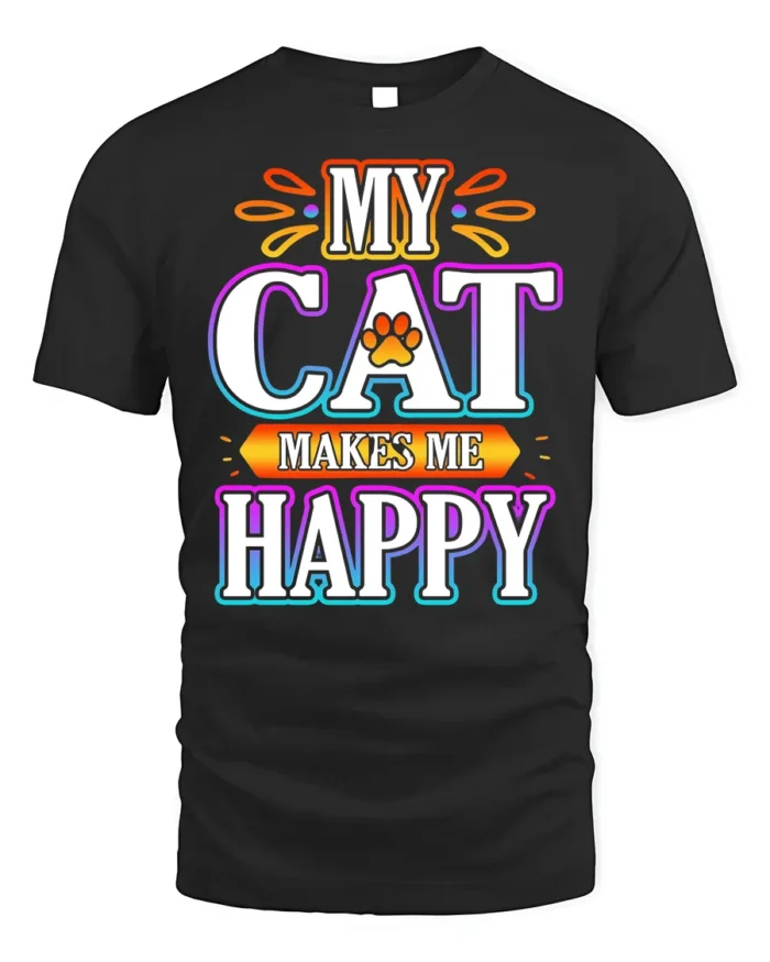 My Cat Makes Me Happy Colorful Graphic T-Shirt - black t-shirt on white background