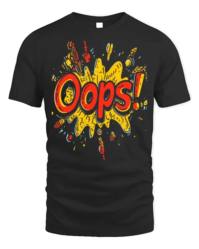 Oops Comic Splash Funny Graphic Style T-Shirt - black t-shirt on white background