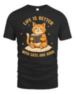 Life Is Better With Cats and Book Graphic T-Shirt - black t-shirt on white background