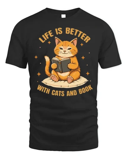 Life Is Better With Cats and Book Graphic T-Shirt - black t-shirt on white background
