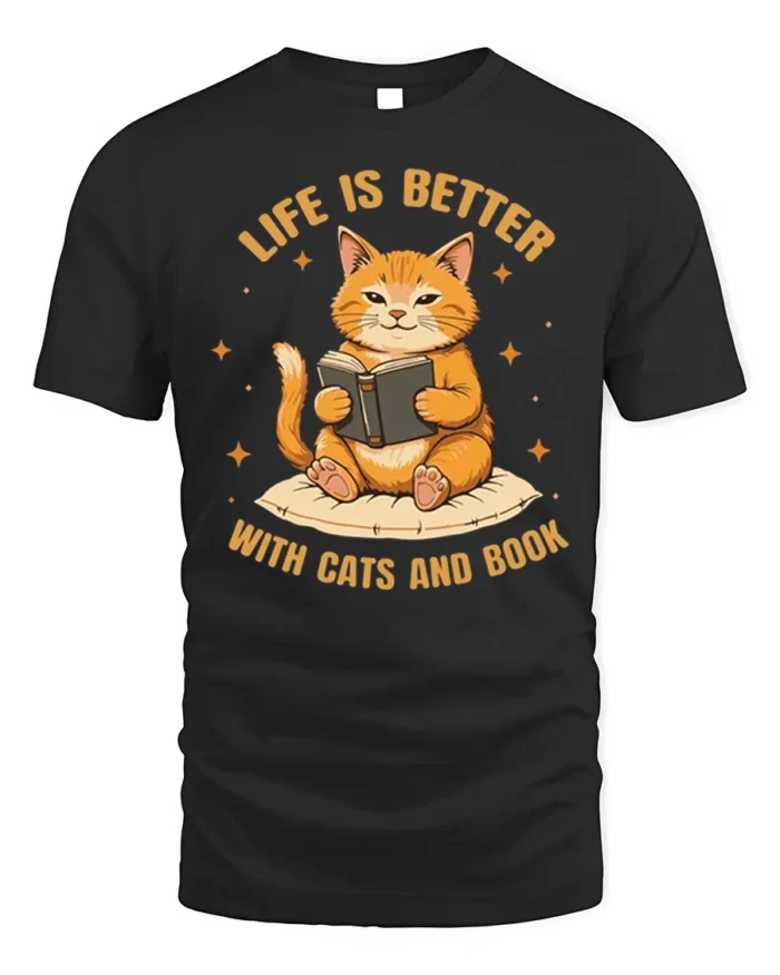 Life Is Better With Cats and Book Graphic T-Shirt - black t-shirt on white background