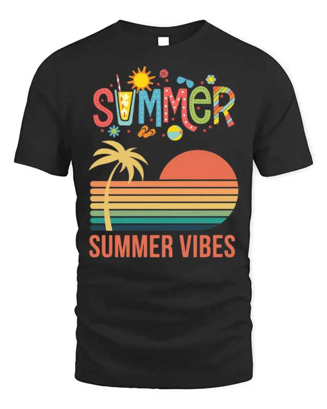 Summer Vibes Retro Sunset Palm Tree T-Shirt - black t-shirt on white background